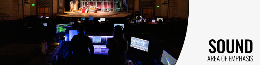 Students at a sound console during a performance. 