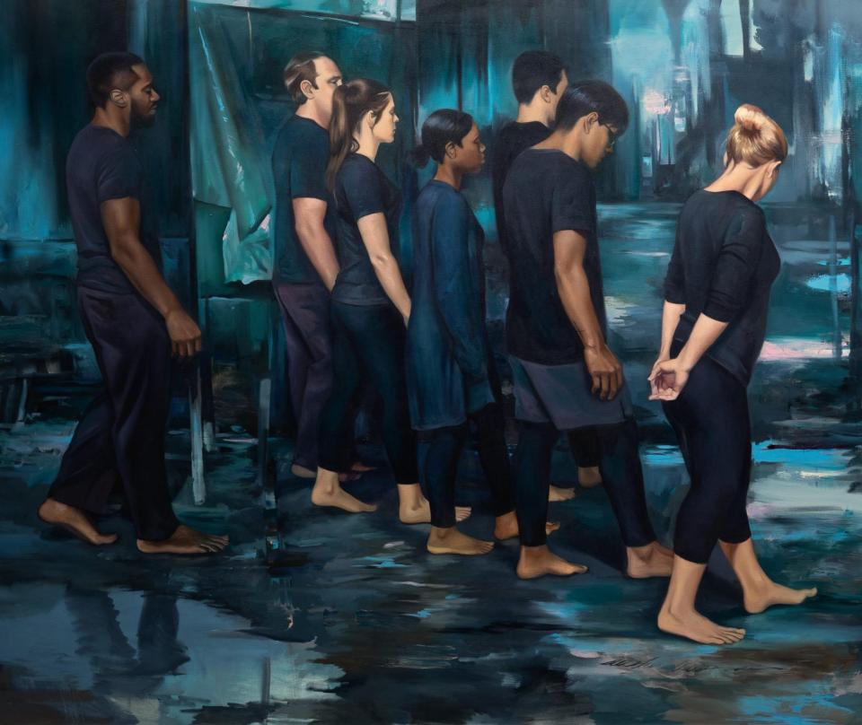Margaret Morrison, "Followers" (2021). Oil on Canvas. Featuring alumni Marlon Burnley, Ashleigh Randolph, Katie Butcher, John Terry, Lukas T. Woodyard