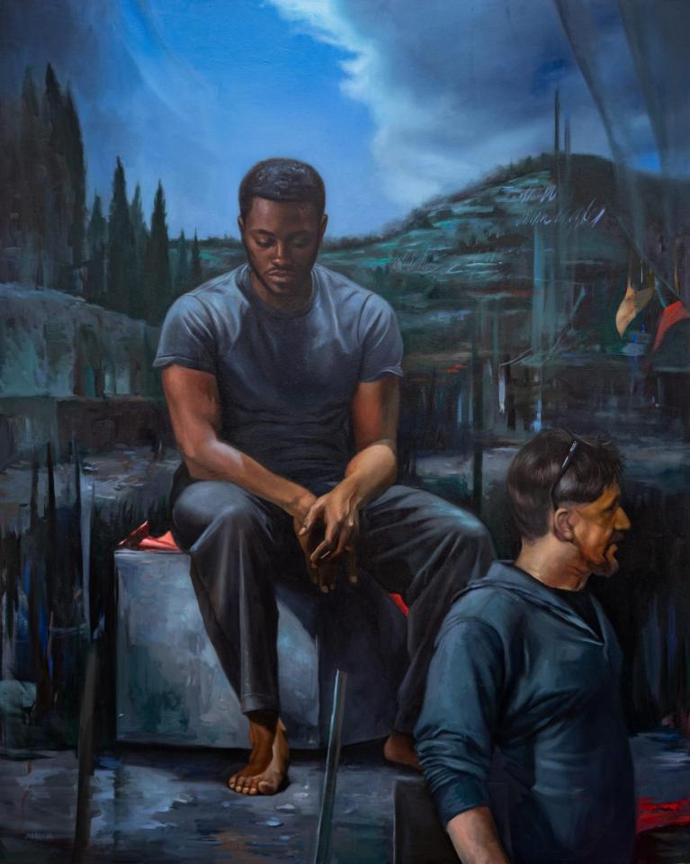 Margaret Morrison, "Outside the Walls" (2023). Oil on Canvas. Featuring faculty T. Anthony Marotta and alumnus Marlon Burnley.