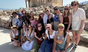 Students posing with Associate Professor Ivan Ingermann in Greece (Summer 2024)