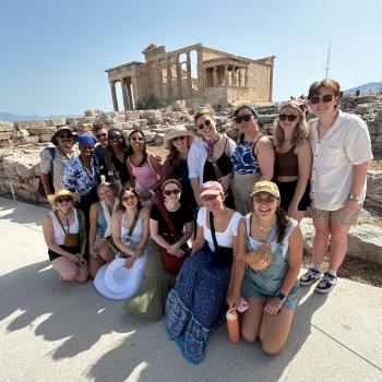 Students posing with Associate Professor Ivan Ingermann in Greece (Summer 2024)